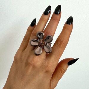Vintage Y2K Bronze w/ orange Rhinestone Flower Statement Ring - adjustable